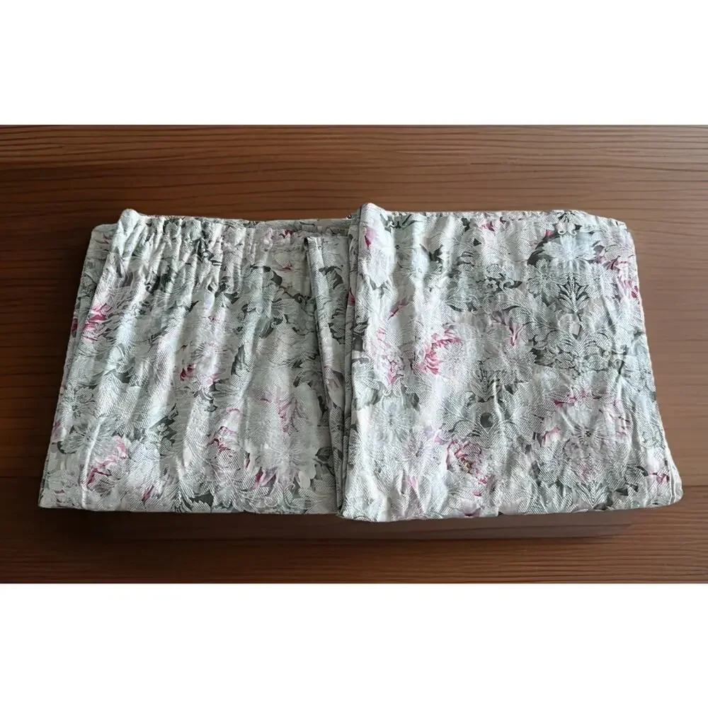 Vtg Rose Floral Jacquard Tapestry 2 Curtain Panels Lined Mint Green/ Pink 84